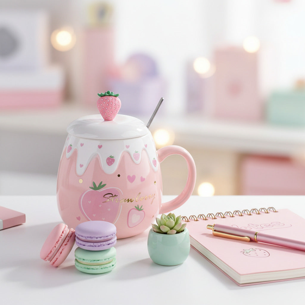 Pink strawberry-themed mug with a lid and spoon on a white background