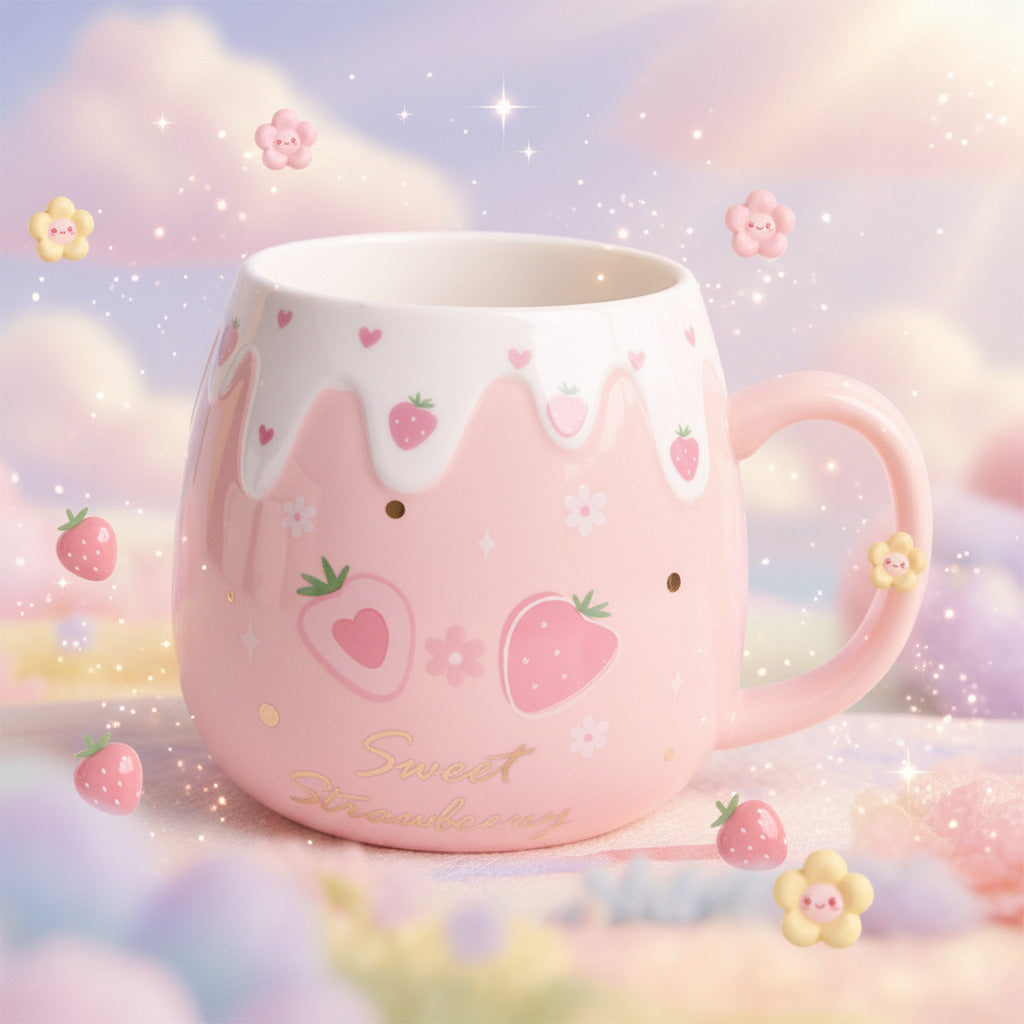 Pink mug with cat design and strawberry pattern on a white background with pastel rainbow features
