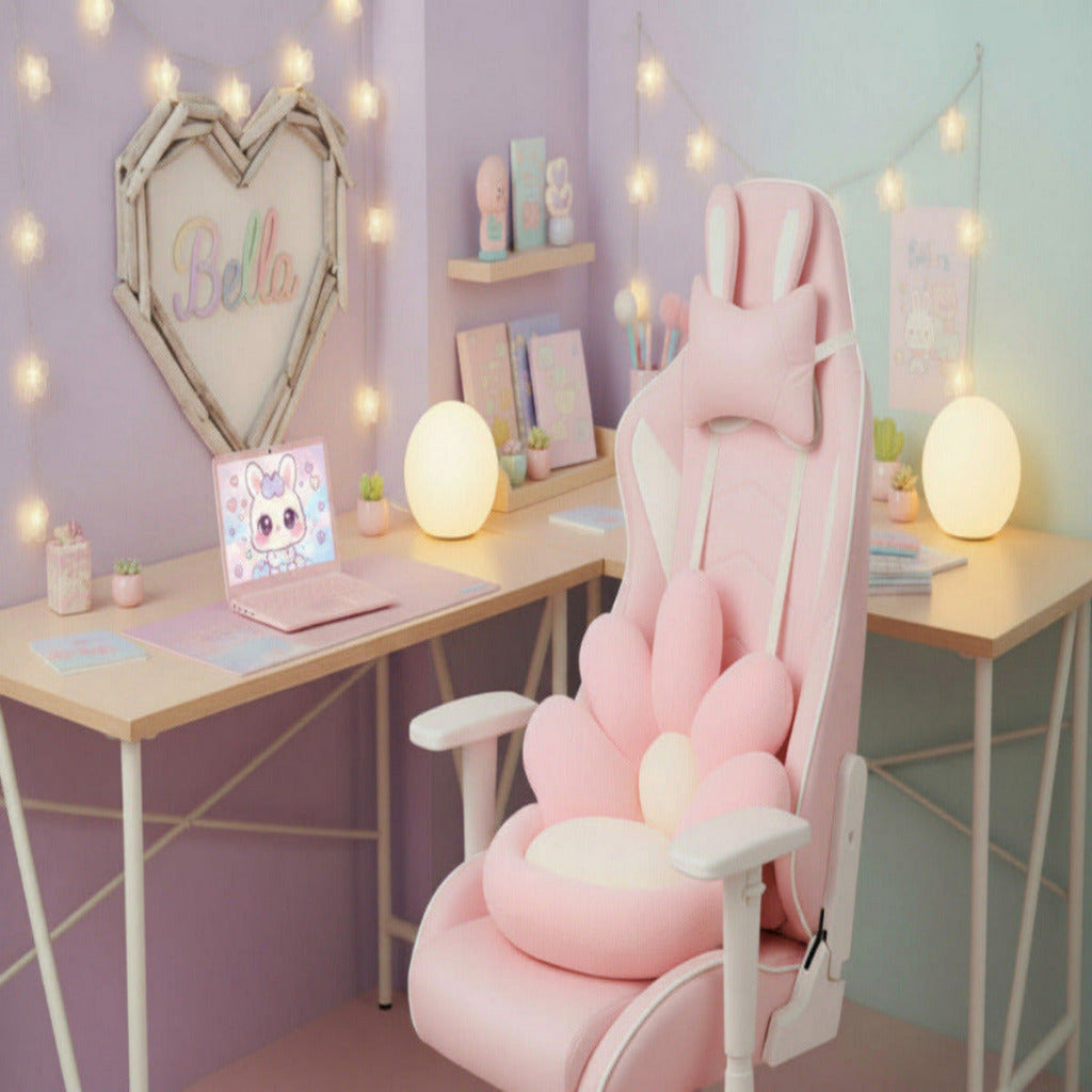Flower-shaped pink and white cushion on a white and pastel  kawaii office background