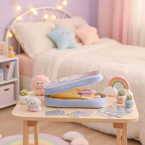 Cute kawaii cartoon stationery large-capacity pencil cases in pastel colors displayed on a desk with decorative accessories, perfect for organizing pens, pencils, markers, school supplies, and office stationery.