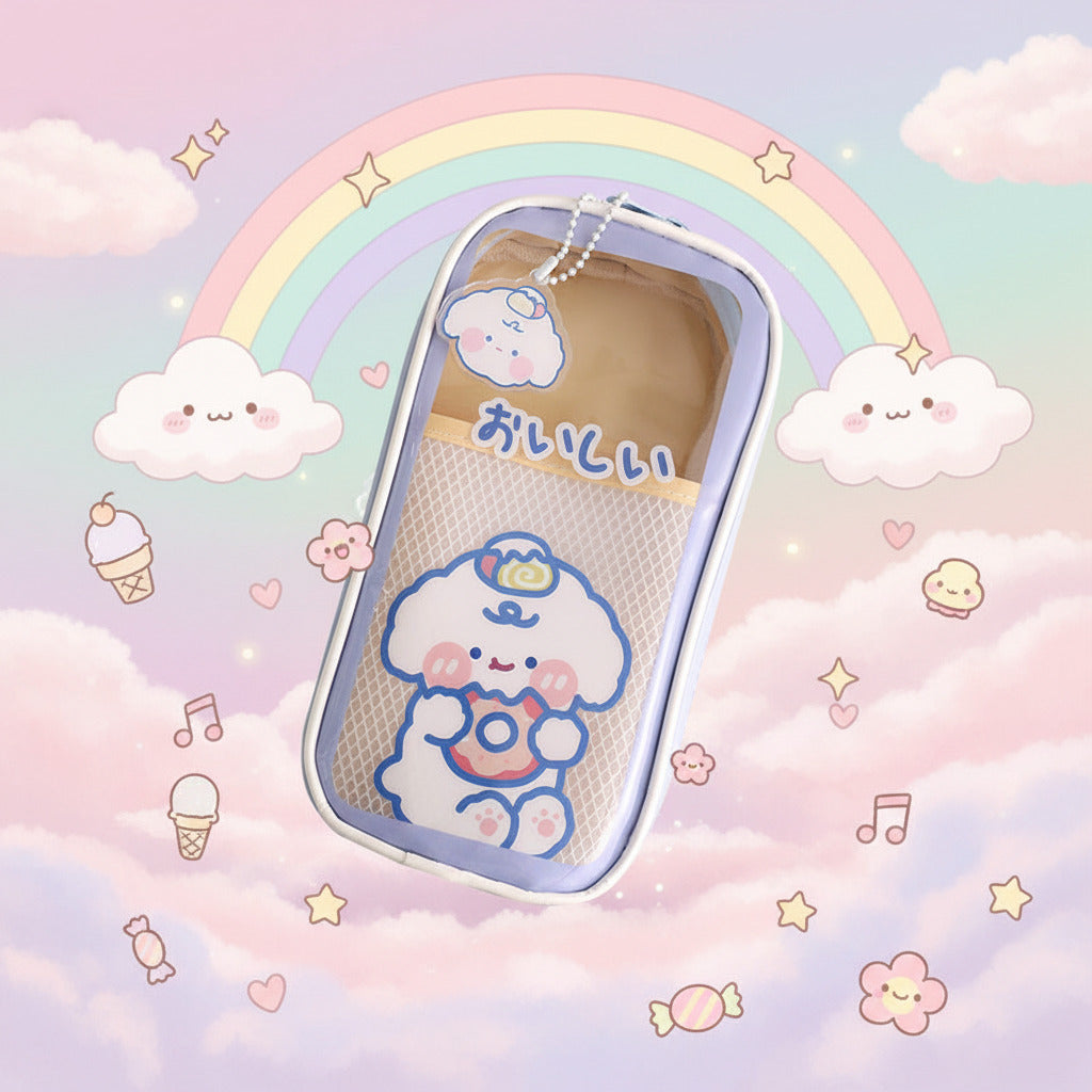 Cute kawaii cartoon stationery large-capacity pencil cases in pastel colors displayed on a desk with decorative accessories, perfect for organizing pens, pencils, markers, school supplies, and office stationery.