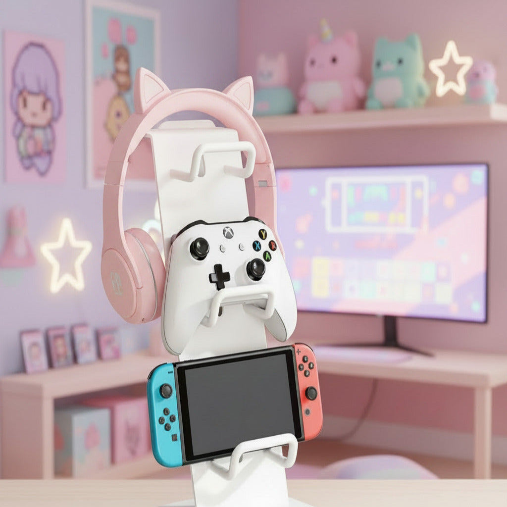 Gaming accessories including a headset, controller, and phone on a white and kawaii background