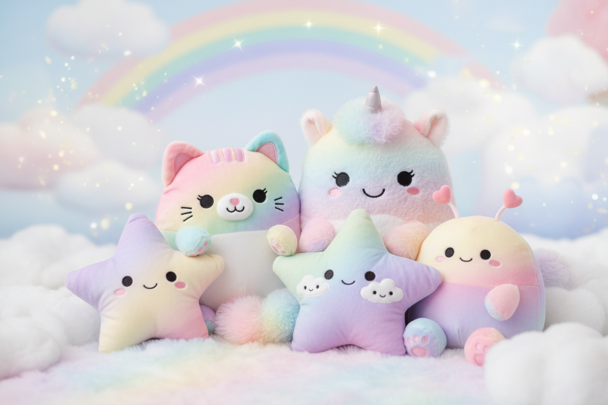 Kawaii Plushies with Pastel Rainbow Touches